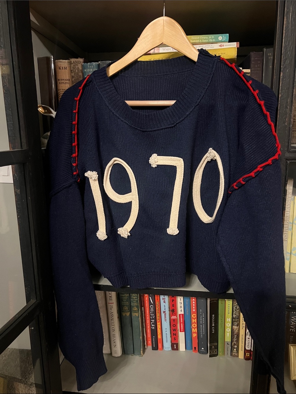 SHEIN Navy Crewneck Sweater with Cream 1970 Appliqué and Red Stitching